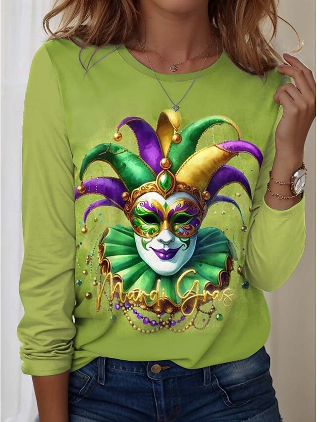 Valentine's Day Women's T shirt Crew Neck Long Sleeve Tunic Heart Casual  Regular Tops Daily Print Green Spring Fall4