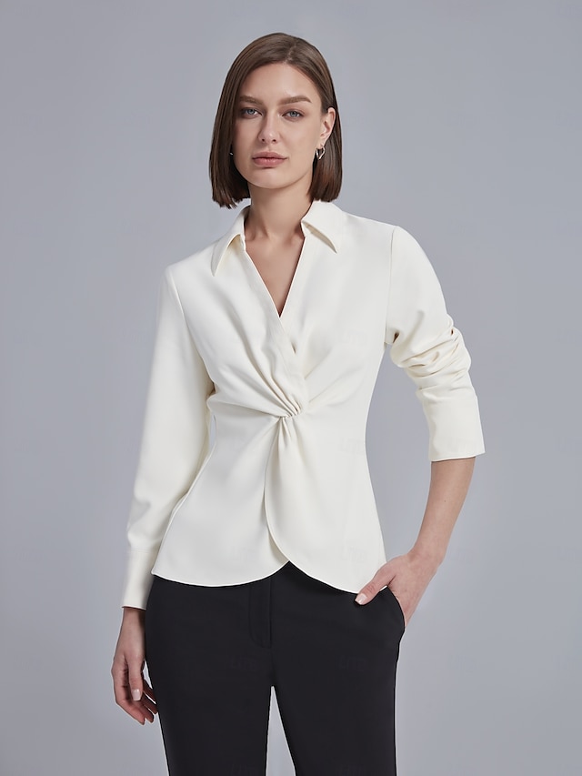 Dame Dresskjorter Arbeidsskjorter Helfarge Formell Kontor Fritid / hverdag Kjegle Erme Svart Hvit Dreie blusset krage skjorter Langermet Elegant Mote Fritid hverdag Krage Vår