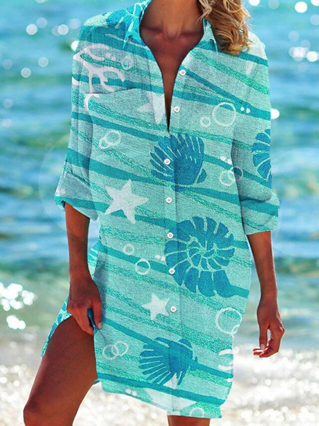 Women's Mini Dress Shirt Dress Casual Dress Shift Dress Daily Holiday Vacation Hot Shirt Collar Print Long Sleeve Summer Fall Spring Loose Fit Red Blue Green Rainbow Print 7