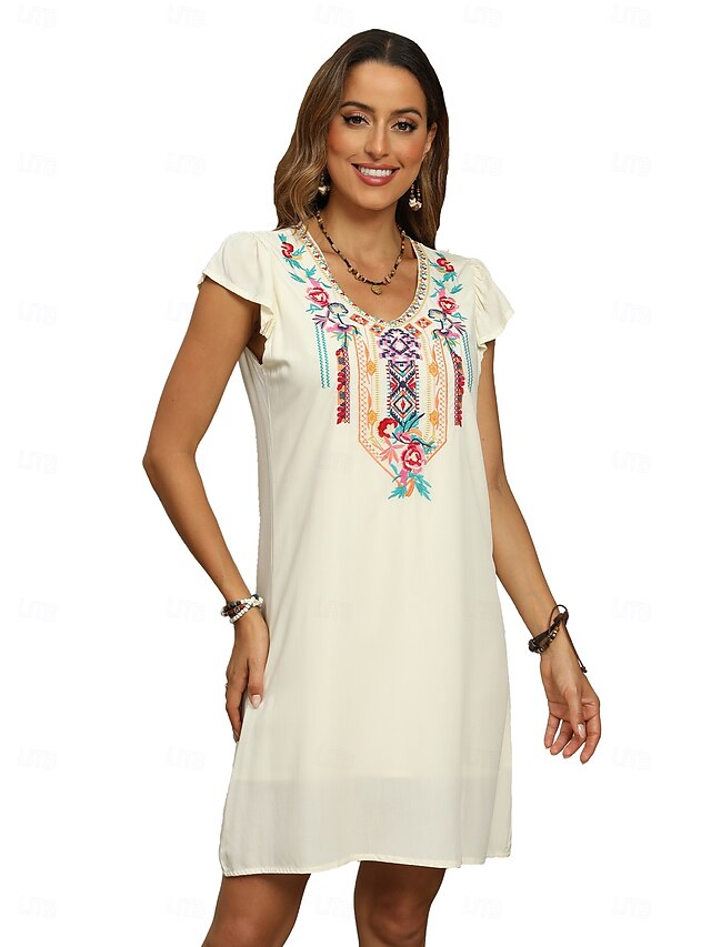  Dia dos Namorados Mulheres Normal Minivestido Vestidos Boho Chic Vestido A Line Vestido Boho Boêmia à moda Clássico Concha Ombro frio Férias Festa Diário Forma Assenta Geométrica Tecido Sem Manga