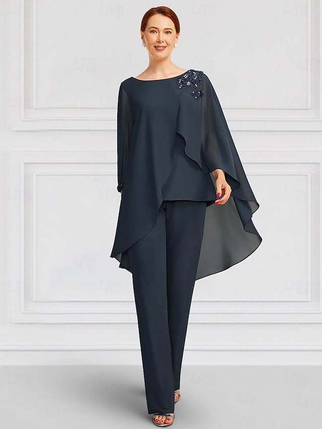  Zwei-Teile Jumpsuit  Hosenanzug Brautmutter Elegant Juwel-Ausschnitt Bodenlang Chiffon Langarm Wickel inklusive mit Spitzen-Rüschen Einfarbig