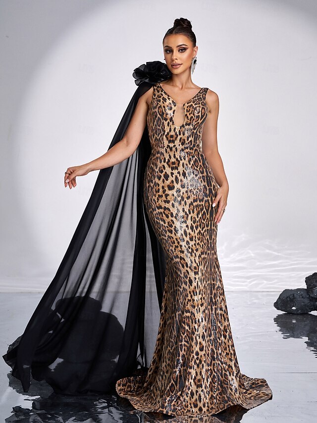  Robe de soirée sirène / trompette, imprimé léopard, élégante, robe de carnaval, longueur au sol, sans manches, col en V, polyester avec fleur à l'épaule, 2025