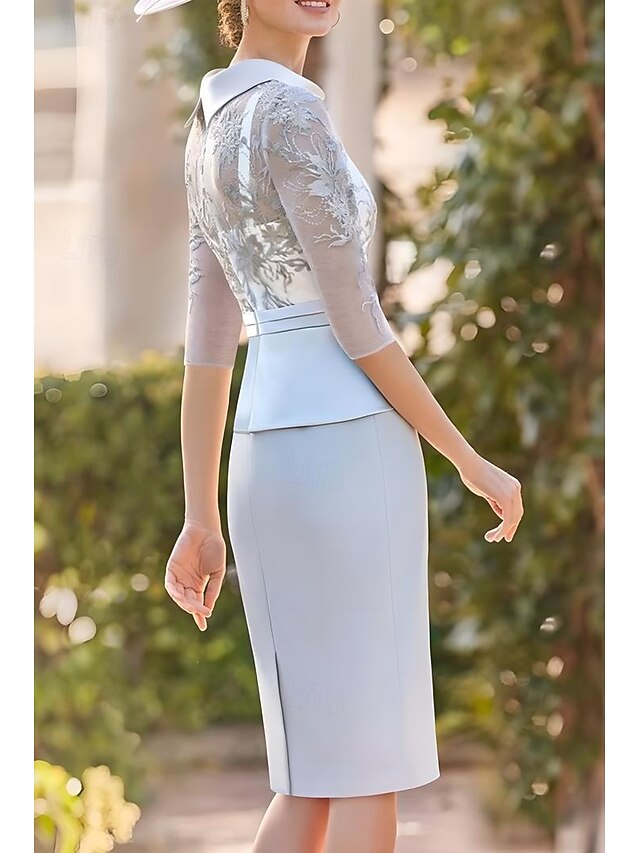 Sheath Mother of the Bride Dress Elegant Simple High Neck Tea Length Stretch Fabric 3/4 Length Sleeve with Feather Lace Pleats 2025 free custom size main image 1