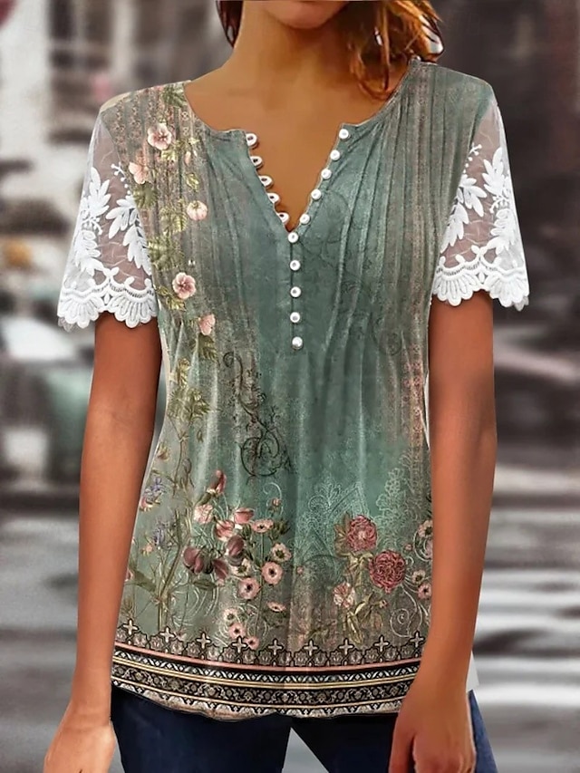  Women's Lace Splicing Top Graphic Flowers Elegant Bohemia Fashion Short Sleeve Flutter Sleeve Round Neck Regular Tops Daily Weekend Vacation Wear Lace Patchwork Print White Light Green Navy Blue Blue