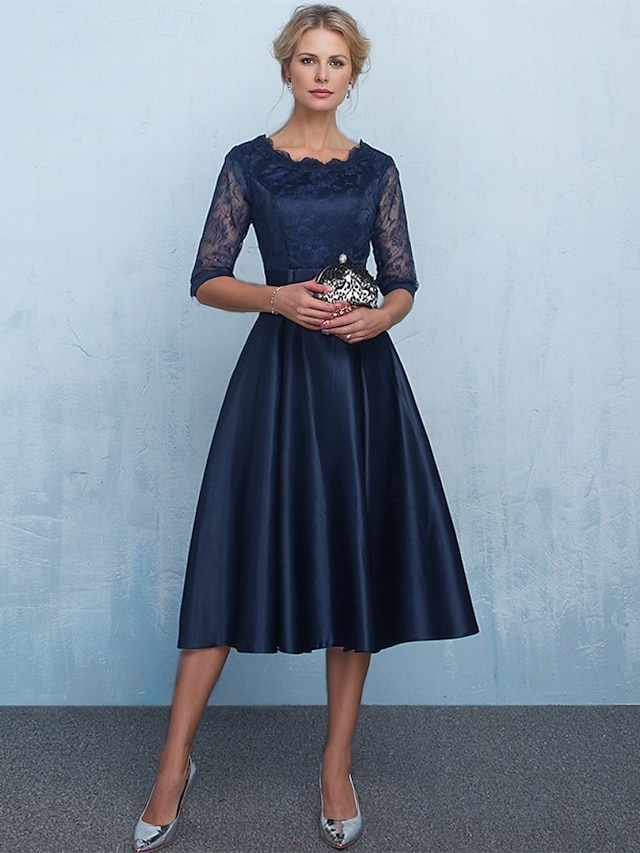  A-Linie Kleid Brautmutterkleid Formal Elegant einfach Juwel-Ausschnitt Knöchellänge Tee-Länge Satin Halbarm mit Spitzen-Schleife(n) Blumen Derby Kleid Renntag Kleid 2025
