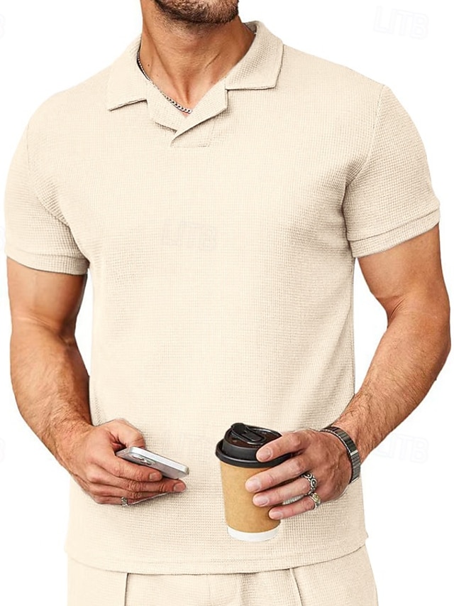  Herren Golfhemd Poloshirt aus Waffelstrick Geschäft Aktiv Kubanisches Halsband Kurzarm Modisch Modern Feste Farbe Knopf Sommer Frühling Regular Fit Schwarz Weiß Blau Khaki Grau Golfhemd