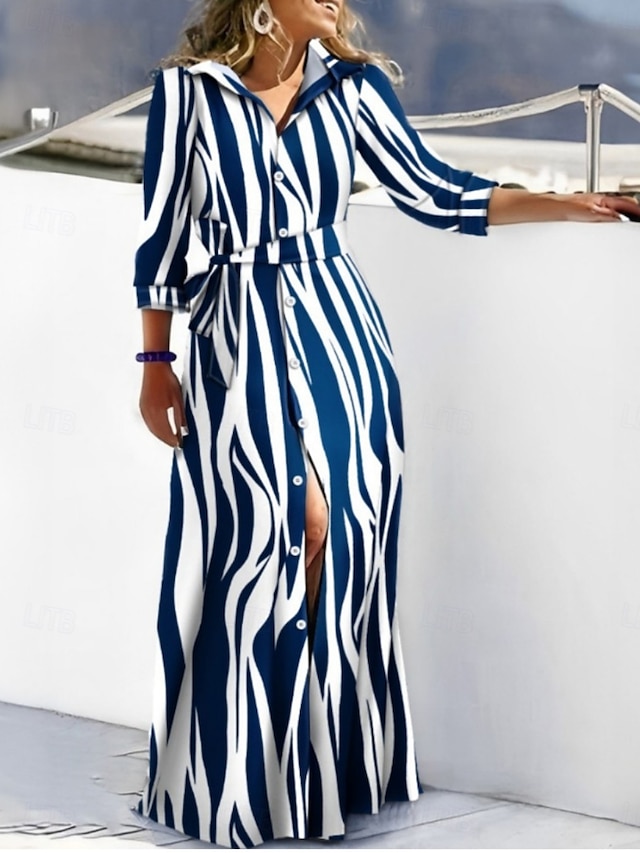  Pentru femei Rochie Maxi Rochii Tip Cămașă Rochie casual Rochie A line Stilat Casual Vacanță Zilnic Fit regulat Dunga Manșon Lung Guler Cămașă Bleumarin Albastru piscină Vară