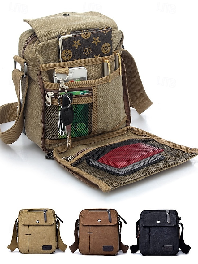  męska płócienna torba typu crossbody – wielokieszeniowa, vintage'owa, z regulowanym paskiem, idealna do podróży, pracy lub codziennego użytku, kolor czarny khaki, kawa