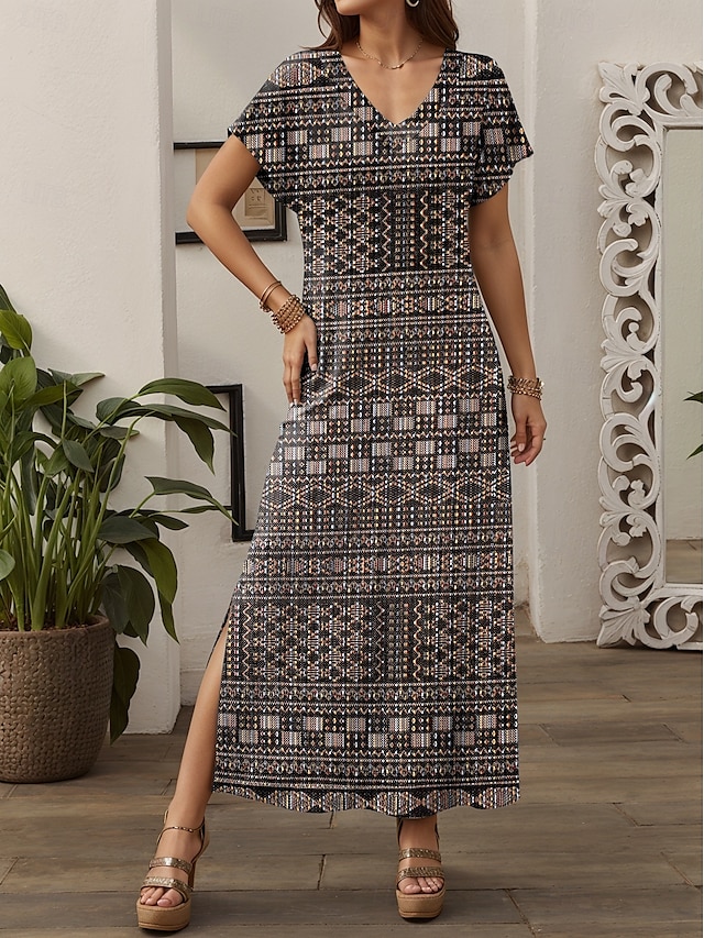  Damen Maxi Kleid Sommerkleid Shift Kleid Sommerkleid Hawaiian Drop Shoulder Party Urlaub Strand Lockere Passform Vintage Ethnisch Kurzarm V-Ausschnitt Braun Sommer Frühling