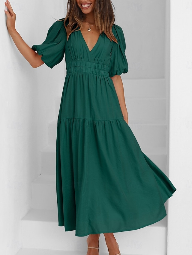 Femme Robe Maxi Robe casual Robe Trapèze mode basique Décontractées Vacances du quotidien Standard Plein Demi Manches Col V Vert Beige Eté Printemps