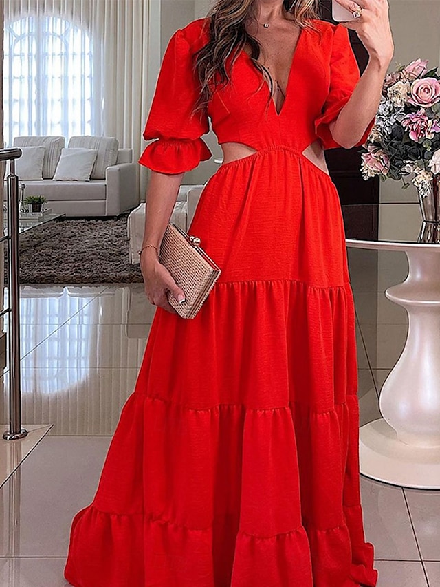  Damen Maxidress abendkleider A Linie Kleid Elegant Stilvoll Brautkleider schlicht Ausgestellter Ärmel Party Verabredung Regular Fit Glatt Langarm V Ausschnitt Rote Blau Frühling Herbst Winter