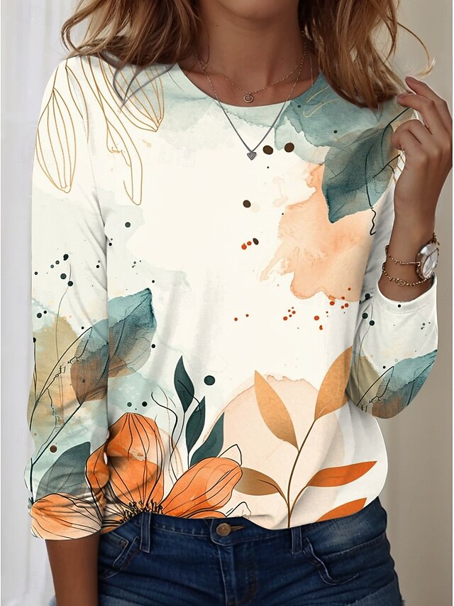Women's T shirt Crew Neck Long Sleeve Tunic Floral Graphic Casual  Regular Tops Daily Print Yellow Spring Fall4