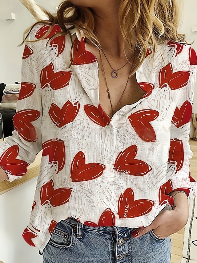  Camisa de mujer corazón diaria estilosa de manga larga con cuello de camisa tops largos diarios para salir botones estampados rojos verano primavera