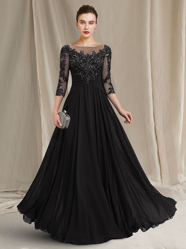Elegant Jewel 3/4 Sleeves A-Line Chiffon And Lace Mother Of The Bride Dresses