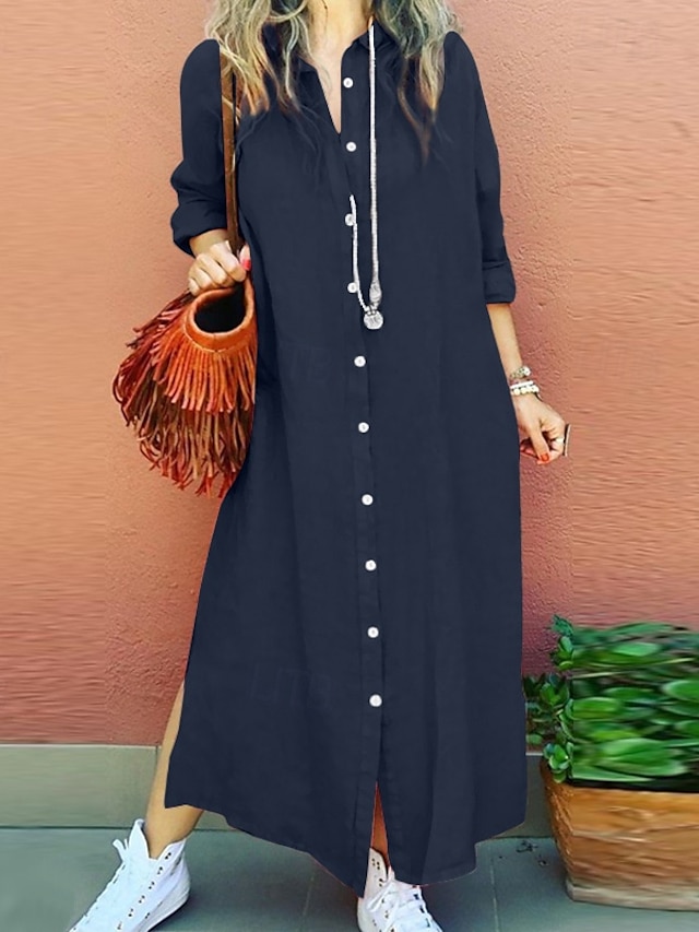  Women's Long Dress Maxi Dress Linen-Inspired Dresses Shirt Dress Casual Dress Cotton Linen Dress Stylish Casual Vacation Daily Date Regular Fit Plain Long Sleeve Lapel Pink Navy Blue Brown Summer