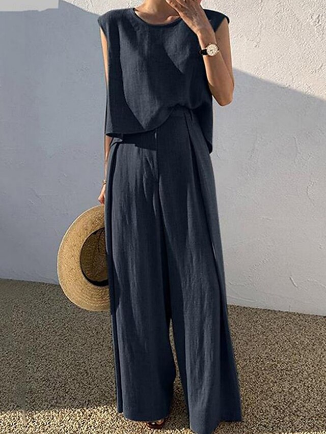  Dames Modieus Streetwear Dagelijks Linnen-geïnspireerde sets Tweedelige sets Hesje Broek met wijde pijpen Mouwloos Strakke ronde hals Effen Casual Dagelijks Zwart Marineblauw Khaki Zomer Normale