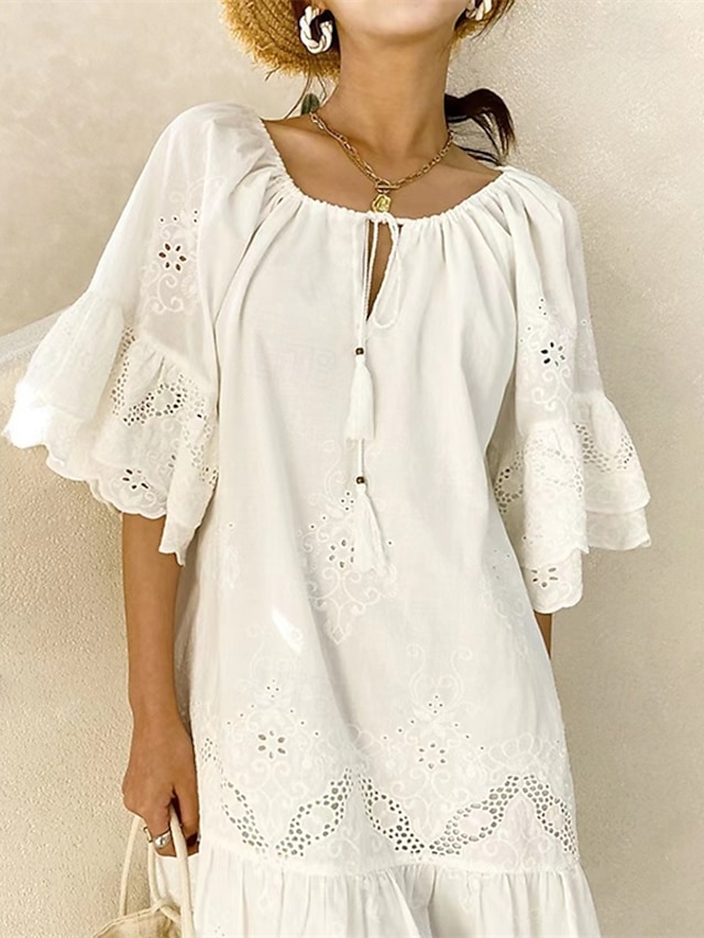  Damen Minikleid Spitzenkleid Freizeitkleid Sommerkleid Boho-Kleid Stilvoll Lässig Urlaub Täglich Date Normale Passform Einfach Kurzarm Rundhalsausschnitt Weiß Sommer