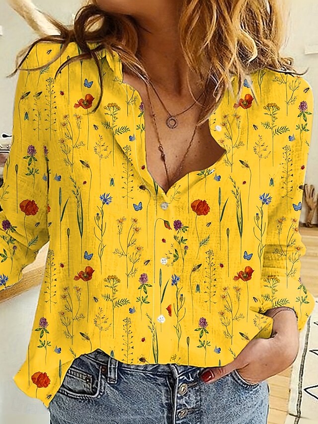 Women's Shirt Button Down Tunic Shirt Collar Long Sleeve Floral Daily Stylish Long Tops Daily s Print Yellow Spring4