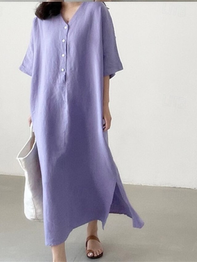  Damen Langes Kleid Maxikleid Leinen-inspirierte Kleider Freizeitkleid Stilvoll Ethnisch Lässig Urlaub Täglich Date Normale Passform Einfach Halbarm V Ausschnitt Purpur Sommer Frühling