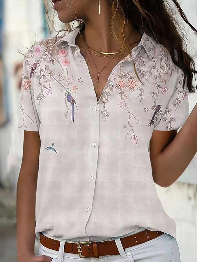 Women's Shirt Blouse Stylish Casual Floral Regular Tops Short Sleeve ...