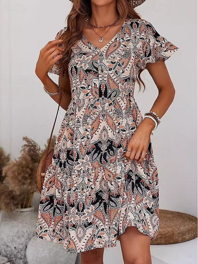  Pentru femei Rochie Lunga Rochie Maxi Rochie de epoca Rochie casual Rochie leagăn Rochie Boho Stilat Casual Vacanță Zilnic Potrivire Formă Floral Manșon scurt În V Roz Îmbujorat Caisă Vară Primăvară