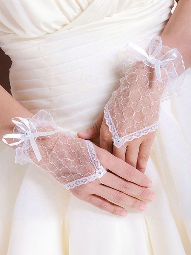  Guantes de novia elegantes de encaje blanco: guantes de novia sin dedos con lazo y detalles florales, perfectos para bodas y ocasiones especiales.