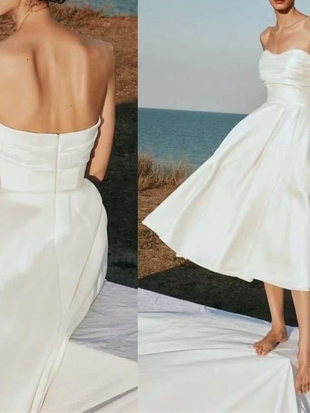  Petite robe blanche de remise de diplôme de plage robes de mariage boho A-Line décolleté en cœur sans manches longueur thé jersey ensembles nuptiaux robes de mariée avec perles froncées