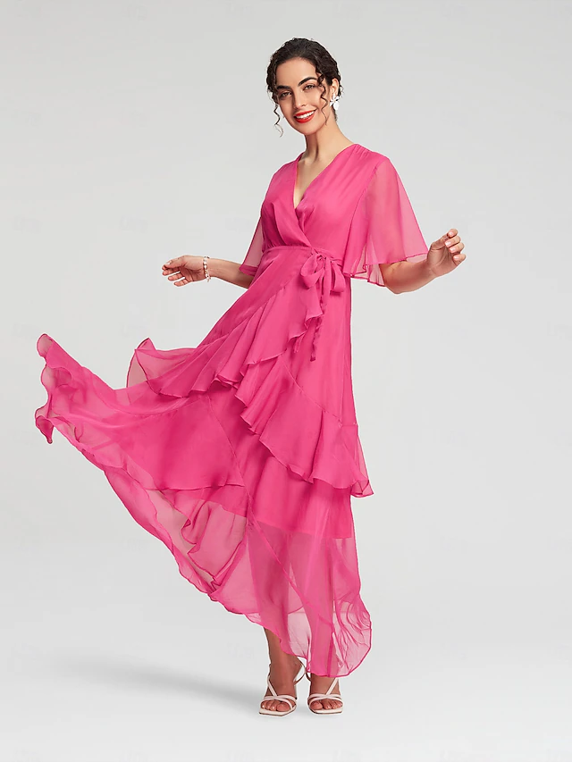 Pink Chiffon Wedding Guest/Party Solid Ruffle Sleeve Elegant Maxi Dress dress to impress 2024 9
