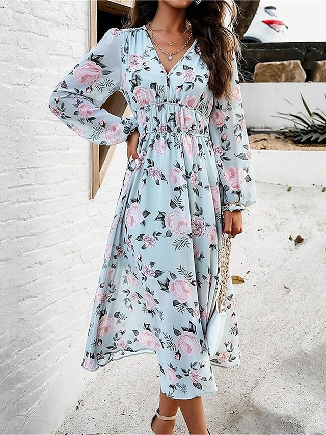  Pentru femei Rochie Lunga Rochie Maxi Rochie casual Rochie A line Rochie florala Rochie de vară Elegant Stilat Vacanță Zilnic Dată Fit regulat Floral Manșon Lung În V Roz Îmbujorat Albastru Deschis