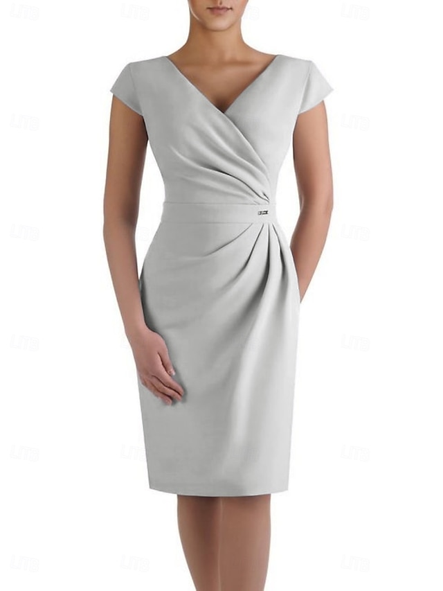  Sheath Mother of the Bride Dress Wedding Guest Elegant V Neck Knee Length Stretch Fabric Short Sleeve with Ruched free custom size