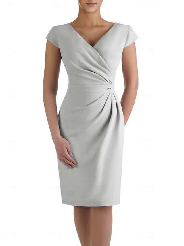 Sheath Mother of the Bride Dress Wedding Guest Elegant V Neck Knee Length Stretch Fabric Short Sleeve with Ruched free custom size 12