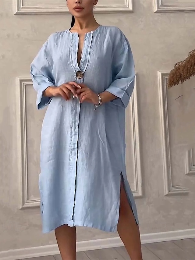  Damen Langes Kleid Maxikleid Leinen-inspirierte Kleider Freizeitkleid Stilvoll Lässig Urlaub Täglich Date Normale Passform Einfach Langarm V Ausschnitt Schwarz Hellgrün Rosa Rote Sommer Frühling