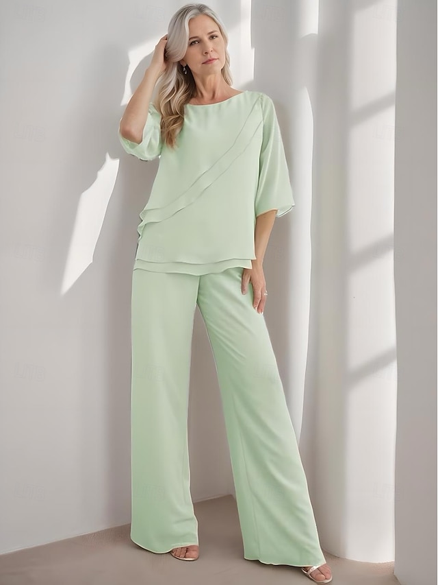  Jumpsuit  Hosenanzug Mutter der Braut Eleganter Einfacher Boot-Ausschnitt Bodenlang Chiffon Halber Ärmel mit Rüschen Einfarbig 2025
