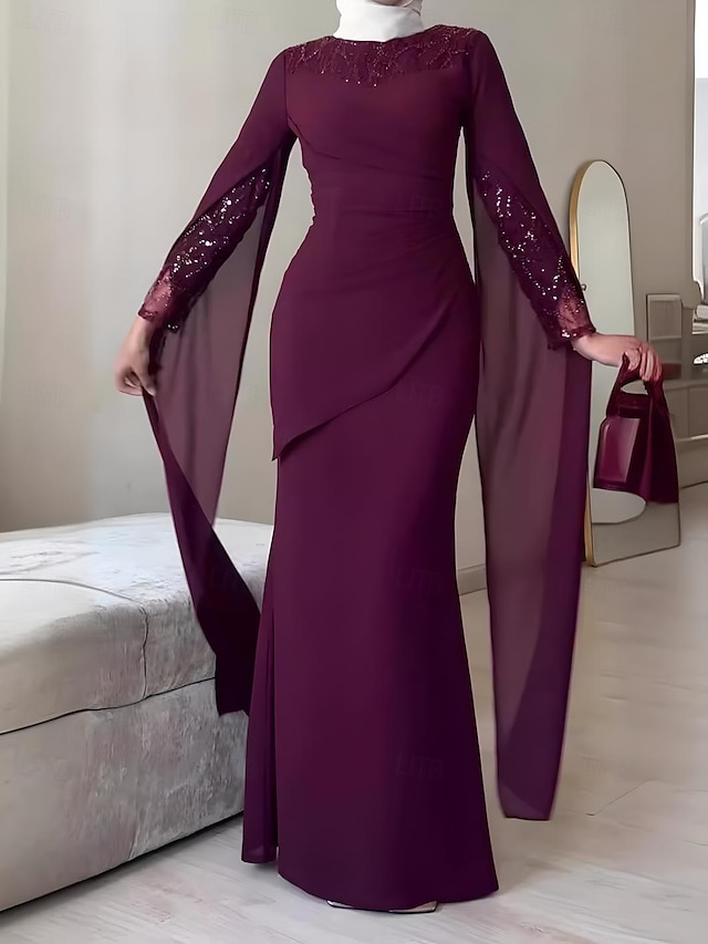  Robe de soirée fourreau  colonne robe élégante formelle invité de mariage longueur sol à manches longues col rond crêpe extensible avec broderie 2025