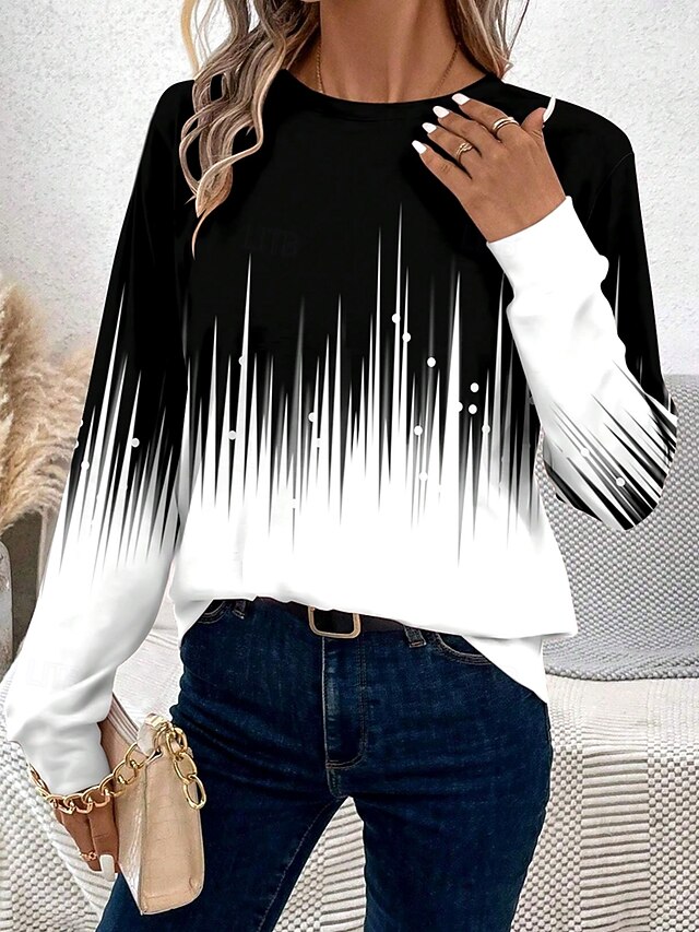 Women's T shirt Long Sleeve Crew Neck Long Sleeve Tunic Ombre Casual Regular Tops Daily Print Black and White Spring Fall Prefall4
