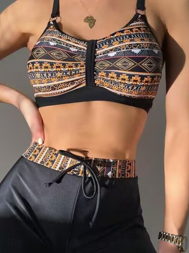  Women's Swimwear Bikini 2 Piece Boy Leg Swimsuit Backless Slim Vacation Beach Wear Graphic U Neck Sleeveless Bathing Suits
