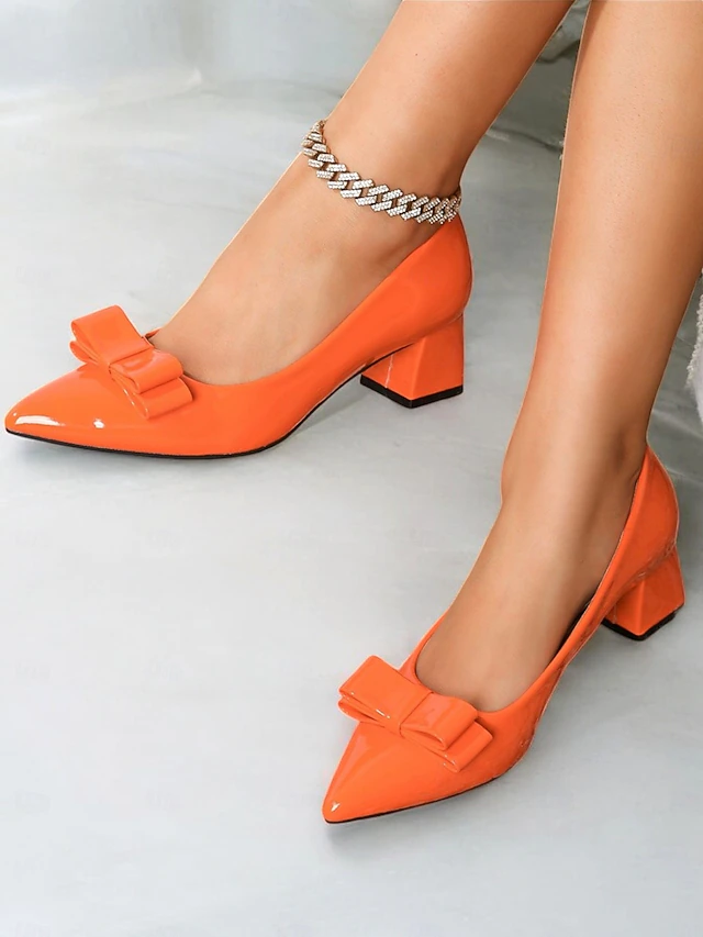 Women's Chic Orange Patent faux Leather Pumps - Pointed-Toe Block Heels with Bowknot Design, Perfect for Office, Parties, and Formal Occasions 18