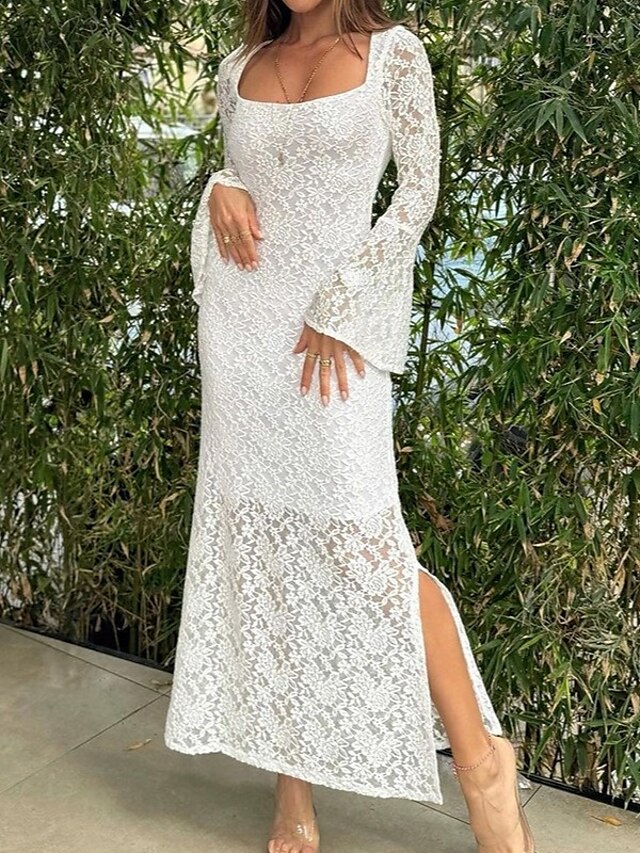  Dámské Maxi šaty Bílé šaty Černé šaty Krajkové šaty Elegantní stylové Sexy Svatební Dovolená Párty Běžný Dlouhý rukáv Hranatý Černá Bílá Léto Jaro Podzim Zima