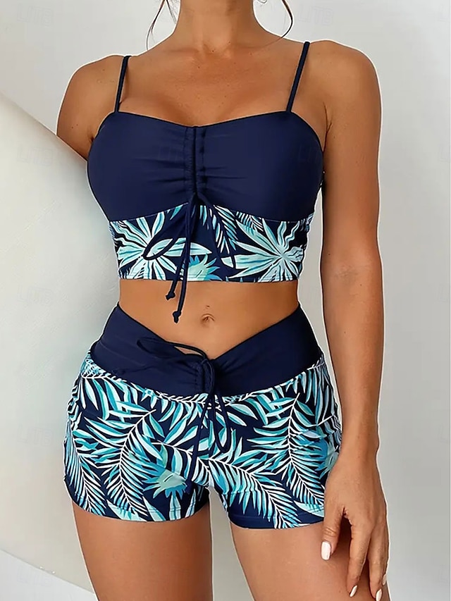 Dam Badkläder Bikini 2 st Pojkeben Baddräkt Öppen rygg Smal Semester Standkläder Grafisk U-hals Ärmlös Baddräkter
