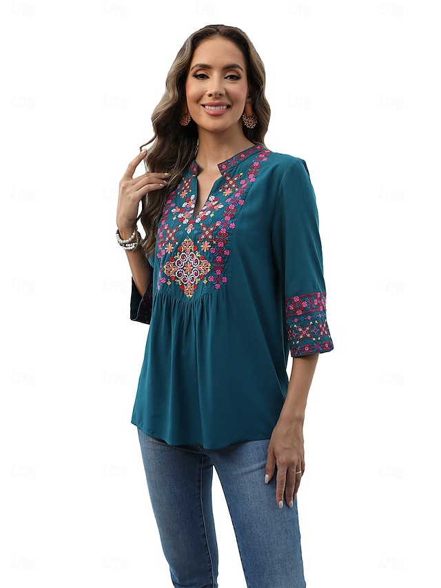  Dame Boho skjorte Elegant Bohem Daglig Helfarge Blomstret Vanlige topper 3/4 ermer 3/4-ermer V-hals Broderi Løstsittende Arbeid Daglig Ut på byen Svart Grønn Sommer