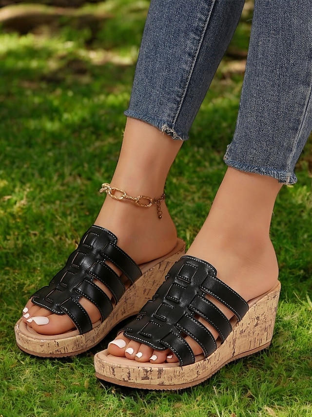  sandales compensées dorées à lanières pour femmes avec semelle en imitation liège – chaussures d'été élégantes pour les tenues décontractées et de plage