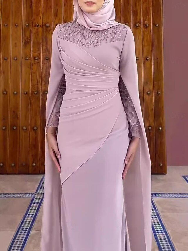  Robe de Soirée Fourreau  Colonne Robe Élégante Formelle Mariage Longueur de Sol Manches Longues Col Rond Crêpe Élastique avec Broderie