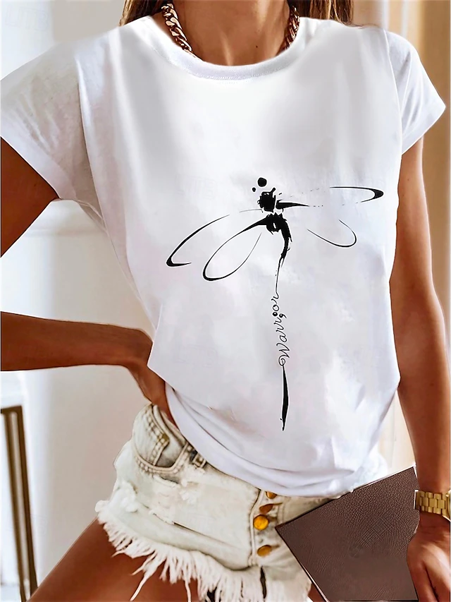 Women's T Shirt Dragonfly Basic Short Sleeve Round Neck Regular Tops Daily Weekend Print Black White Blue Gray Summer 15