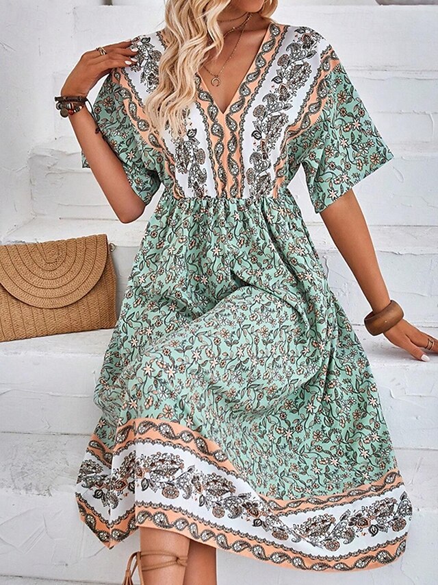  Femme robe longue Robe Trapèze Robe d'été robe boheme Elégant Hawaïen mode Vacances du quotidien Rendez-vous Standard Floral Manche Courte Col V Vert Eté
