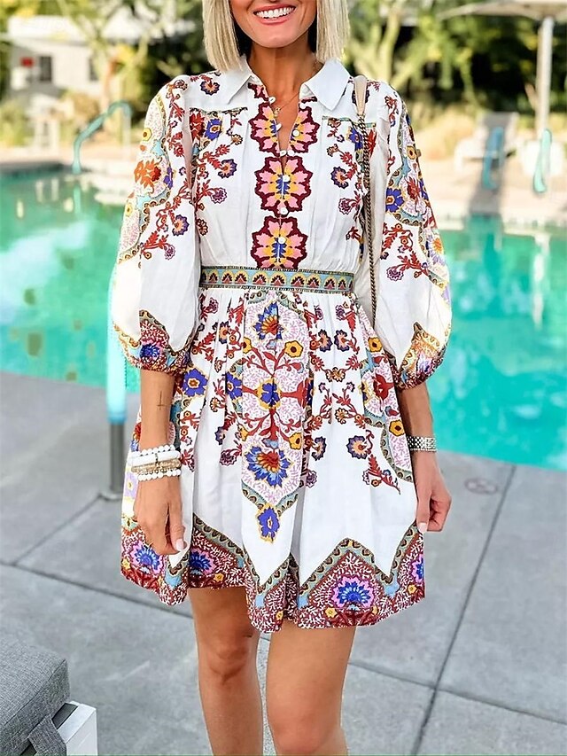  Damskie Sukienka mini Sukienka A line Sukienka Boho Elegancja Bohema Śłodkie Latarnia rękawem Urlop Codzienny Randka Luźna Graficzny Rękaw 1/2 W serek Biały Lato Wiosna Jesień