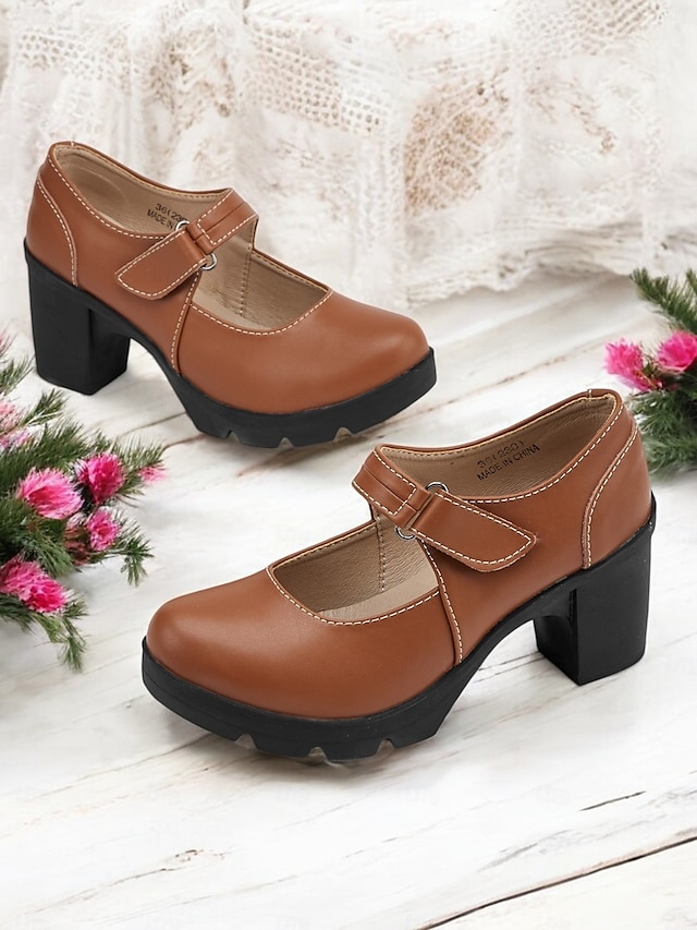  Women's Brown Mary Jane Heels with Velcro Strap – Comfortable Chunky Heeled Shoes for Casual and Everyday Wear