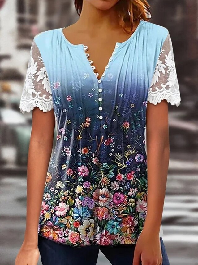  Women's Lace Splicing Top Graphic Flowers Elegant Bohemia Fashion Short Sleeve Flutter Sleeve Round Neck Regular Tops Daily Weekend Vacation Wear Lace Patchwork Print White Light Green Navy Blue Blue