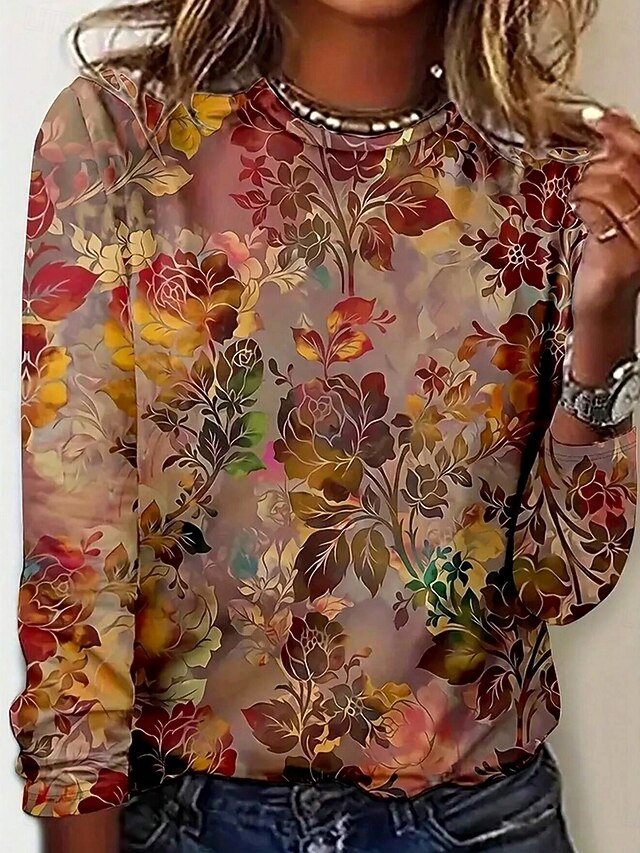 Women's T shirt Crew Neck Long Sleeve Tunic Floral Graphic Casual  Regular Tops Daily Print Brown Spring Fall4