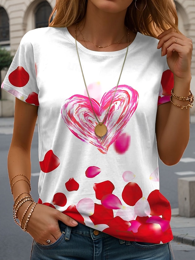  Valentinstag Damen T Shirt Herz Brautkleider schlicht Kurzarm Rundhalsausschnitt Normale Oberteile Täglich Bedruckt Rote Sommer