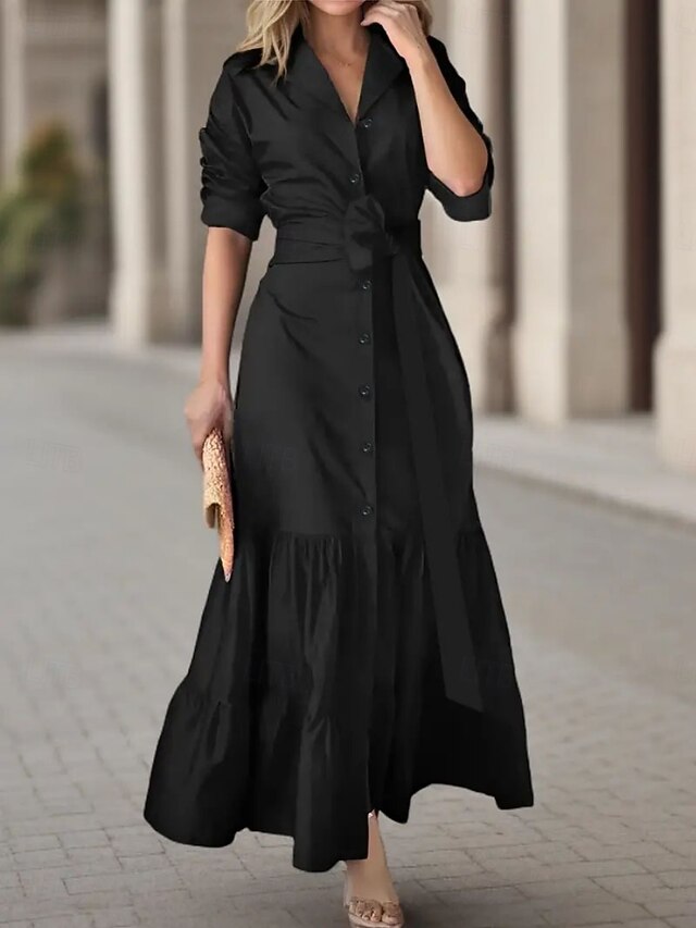 Women's Maxi Dress Black Dress Shirt Dress Casual Dress Cocktail Dress Stylish Casual Vacation Daily Regular Fit Plain Long Sleeve Shirt Collar Black Summer Spring4